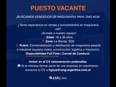 Empleos Ofrecidos Puesto Vacante: Vendedor de Maquinaria